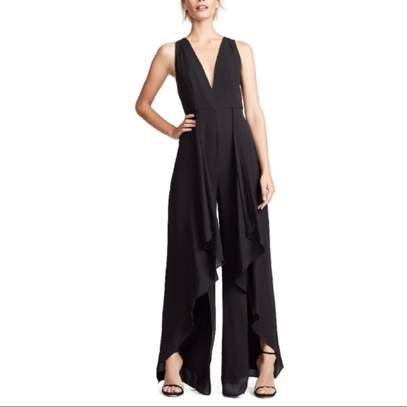 Halston Heritage V neck Ruffle Leg Jumpsuit Black Size 6 - Picture 5 of 8